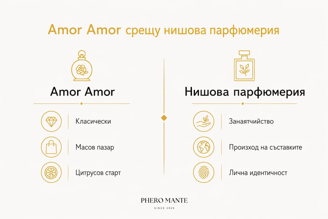 Инфографика показва как Amor Amor се съпоставя с парфюми от нишовия сегмент.