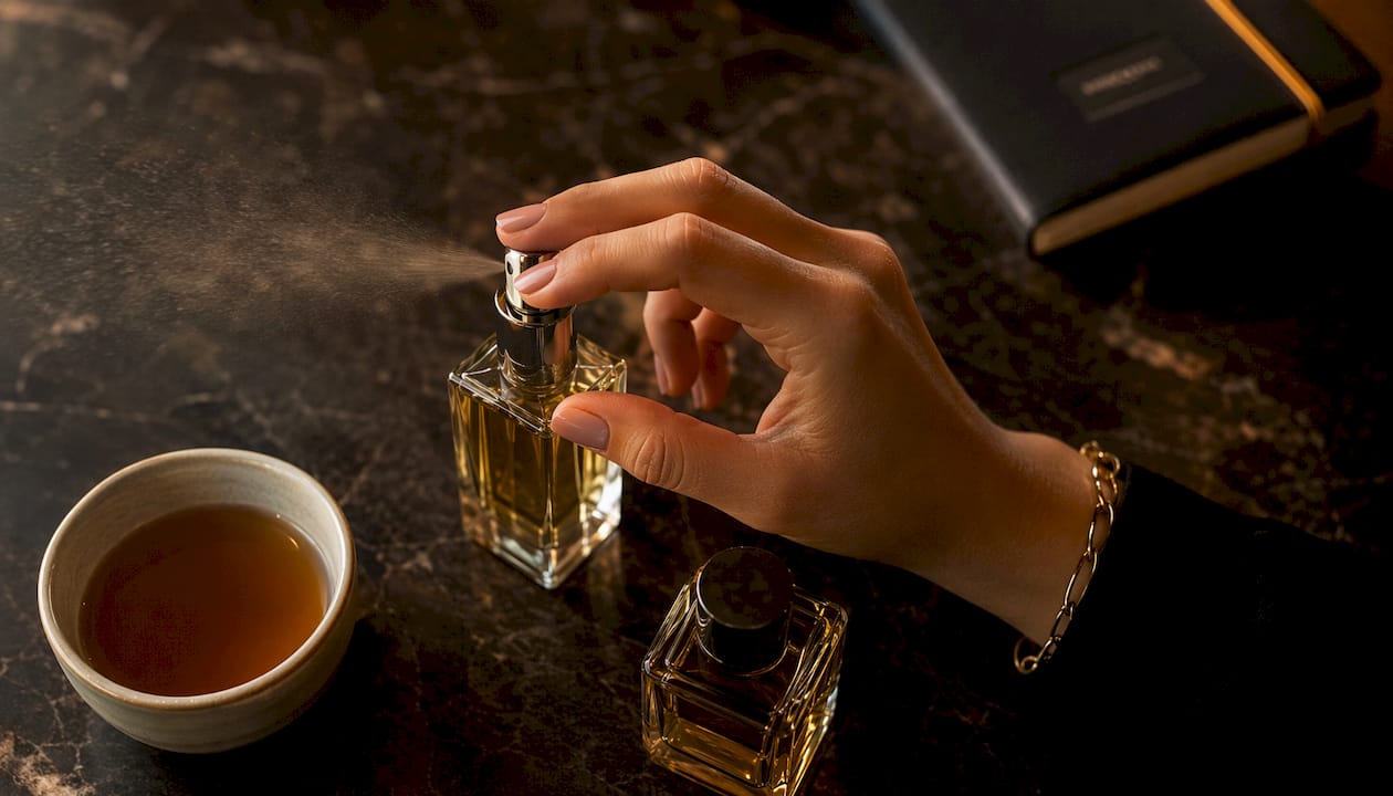Близък кадър на пръст, който натиска пулверизатора на парфюмен флакон.