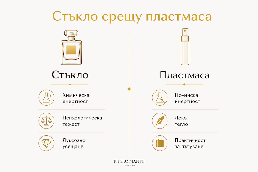 Инфографика, която показва предимствата и недостатъците на стъклото и пластмасата като материали за опаковки на парфюми