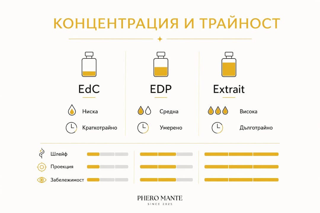 Инфографика, която показва каква е концентрацията на аромата и колко дълго се задържа върху кожата.