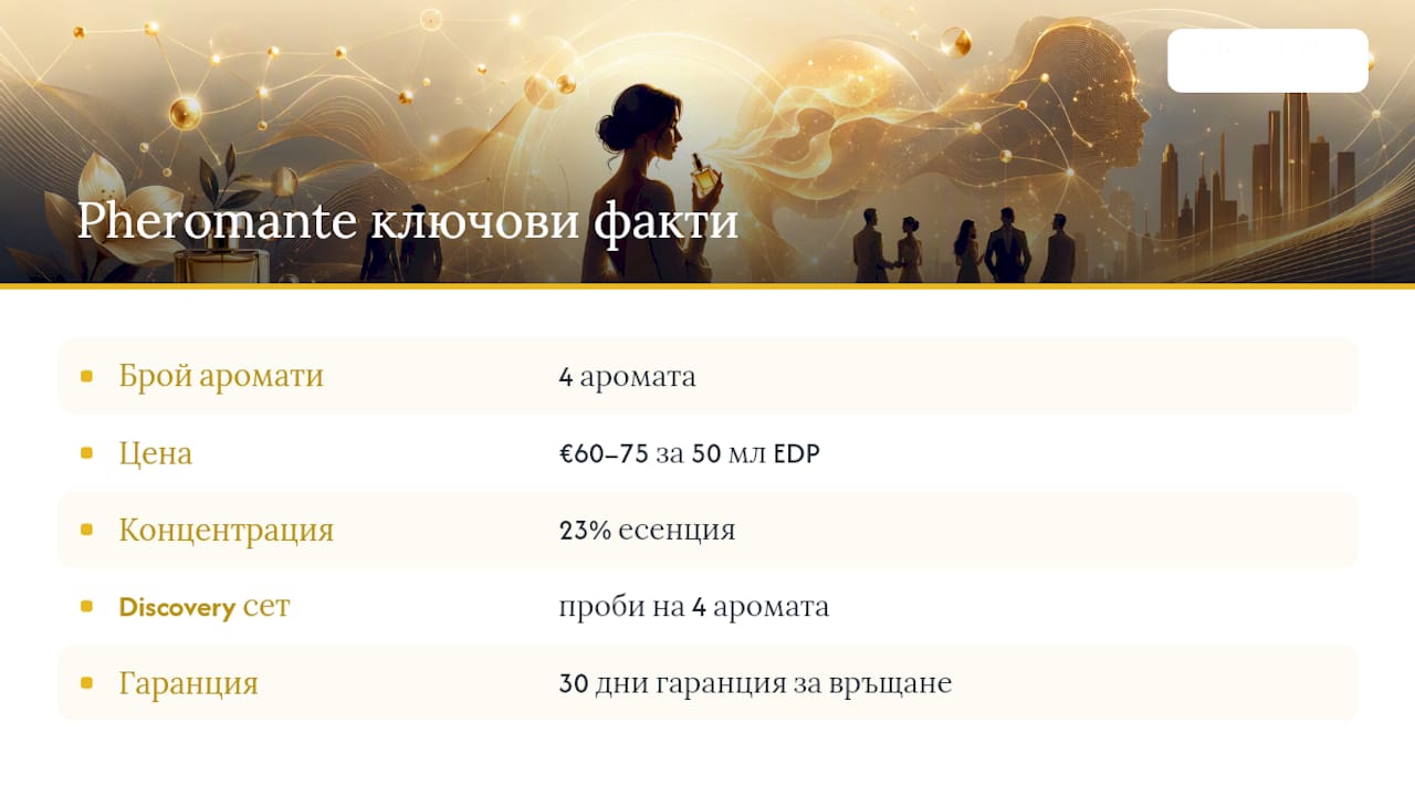 Pheromante: discovery сет, четири аромата и 30 дни без риск — overview diagram