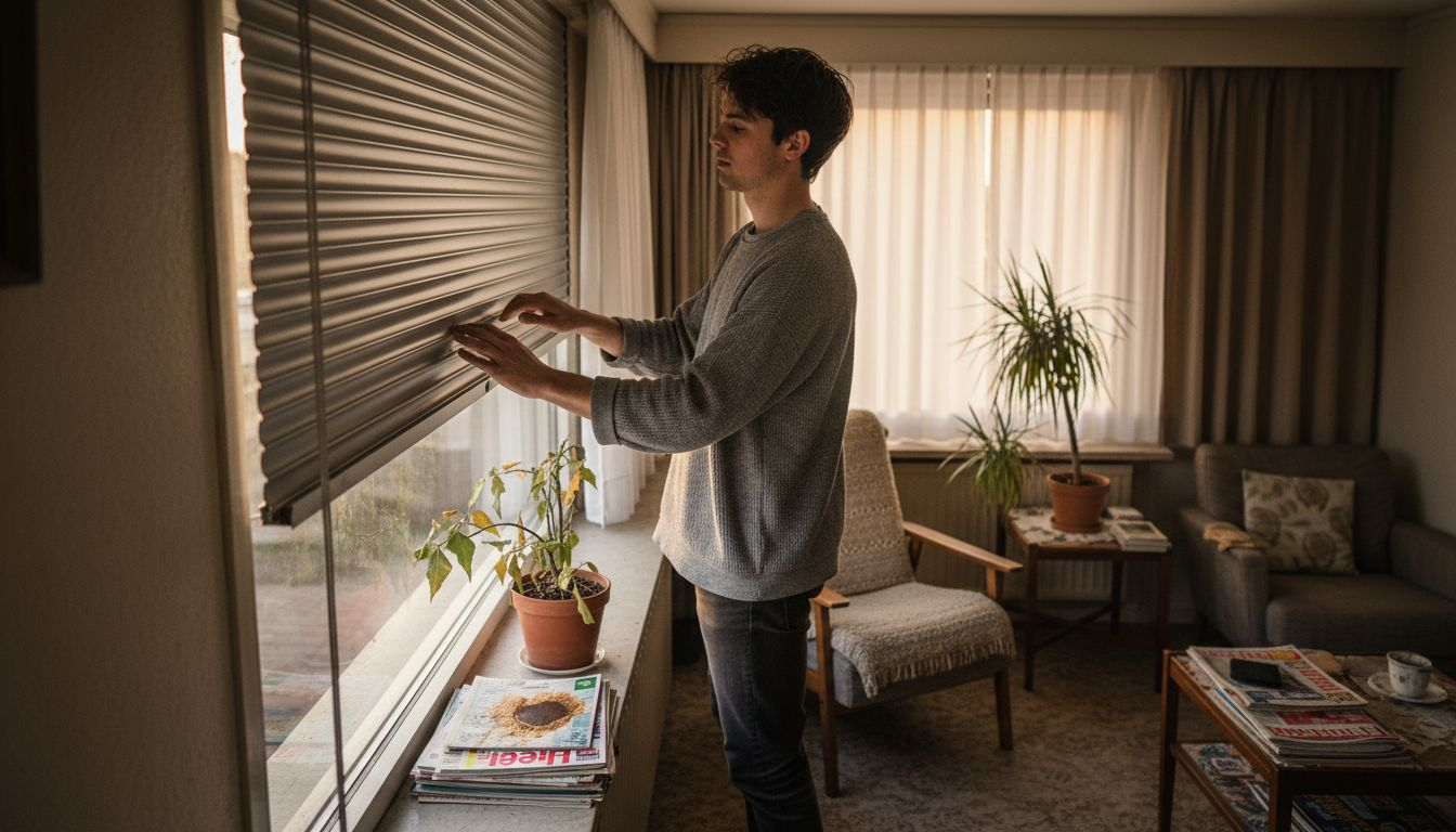 Een jonge man doet het rolluik omlaag in de woonkamer.