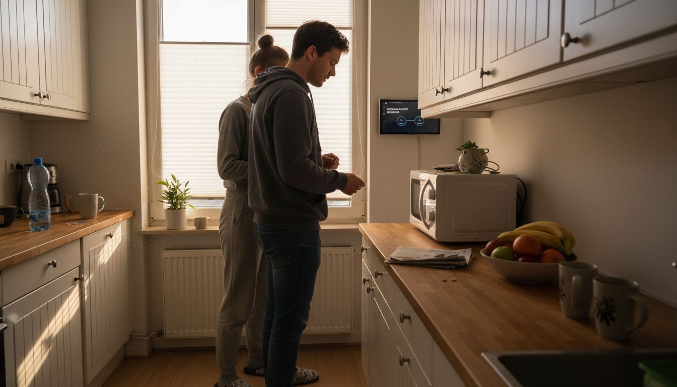 Een stel stelt samen de slimme honingraatgordijnen af.