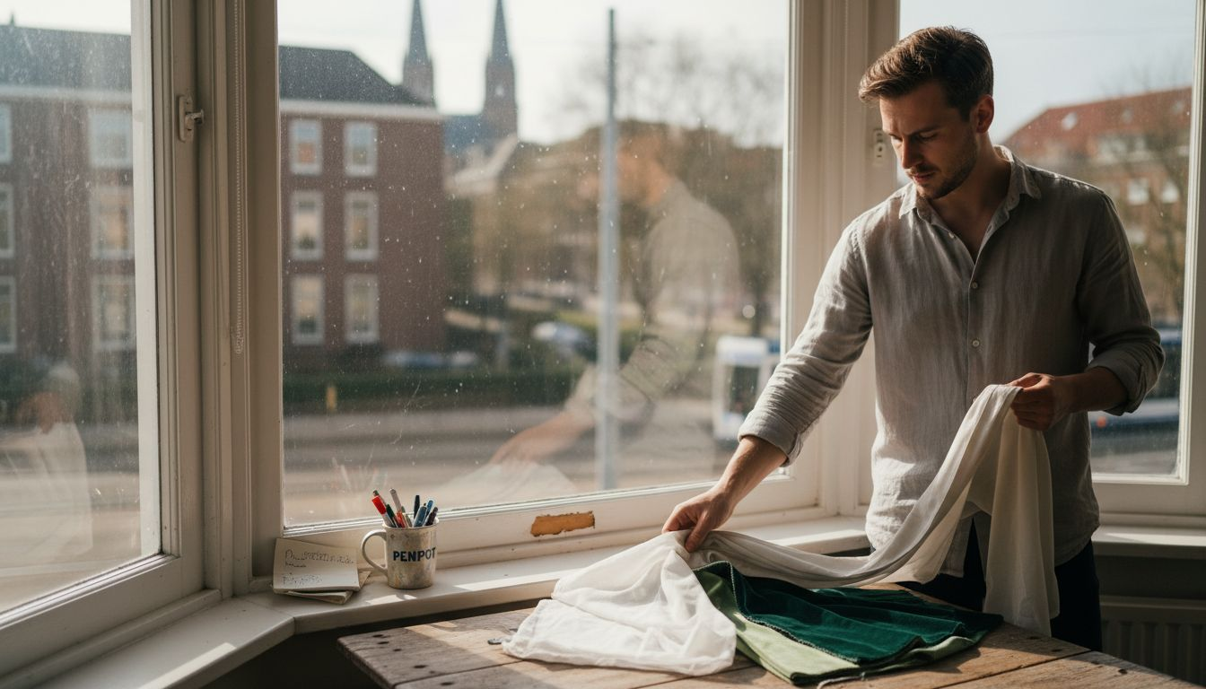 Een man staat bij het raam en bekijkt verschillende stofstalen.