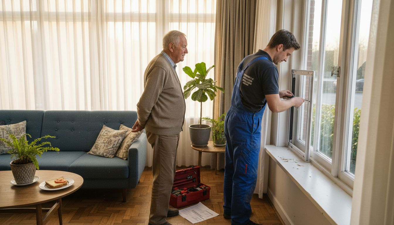 Een vakman is bezig om rolluiken te plaatsen in de woonkamer van een particuliere woning.