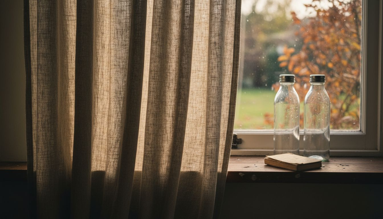 Detailopname van een linnen gordijn met uitzicht op de tuin