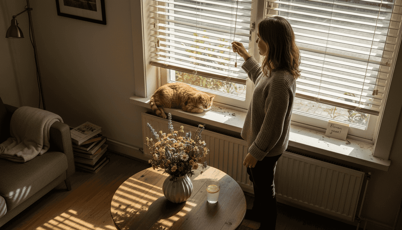 Een vrouw stelt de jaloezieën bij om het licht beter te regelen. raamdecoratie  Lichtregeling energiebesparing en comfort 