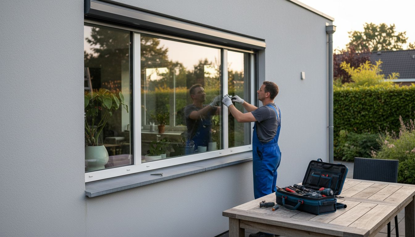 Een vakman plaatst zonwerende screens op een modern raam.