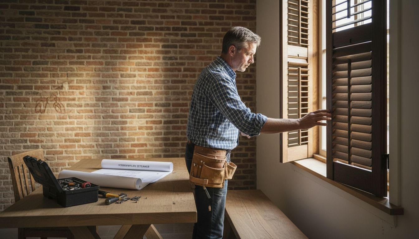 Man inspecteert houten raamluiken met isolatie