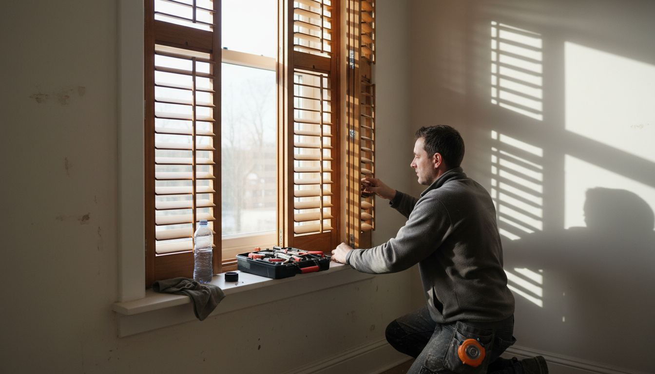 Installateur plaatst houten shutters bij raam