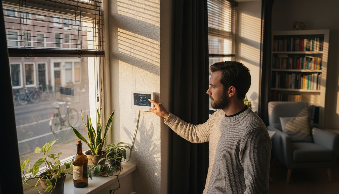 Een man stelt de thermostaat in bij het raam, waar meerdere lagen gordijnen hangen.