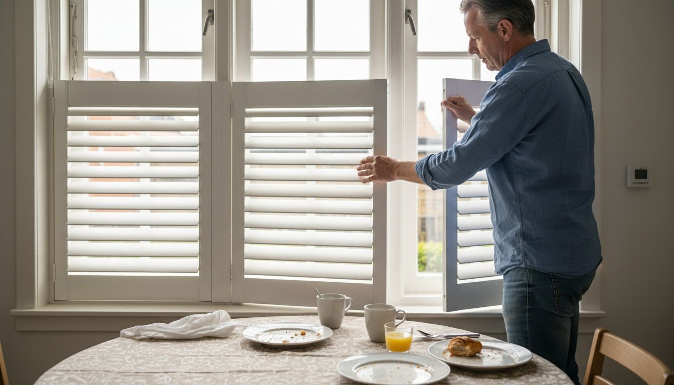 Een man doet de luiken dicht in een zonnige eetkamer.