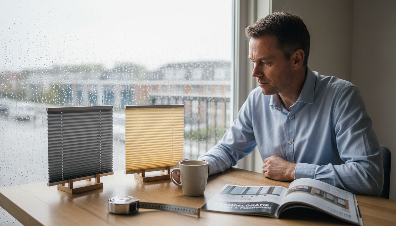 Man vergelijkt verschillende materialen voor zijn raamdecoratie