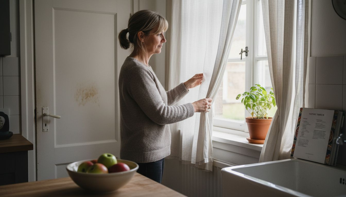 Een vrouw die de linnen keukengordijnen netjes recht hangt.