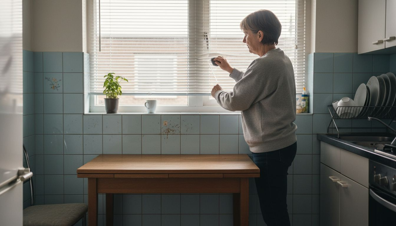 Een vrouw maakt de kunststof lamellen in haar keuken schoon.