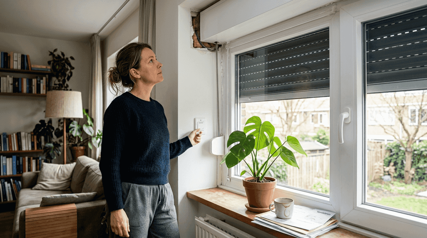 Vrouw test energiebesparing van nieuw geïnstalleerd rolluik in West-Vlaamse woning — RDT Concept Menen
