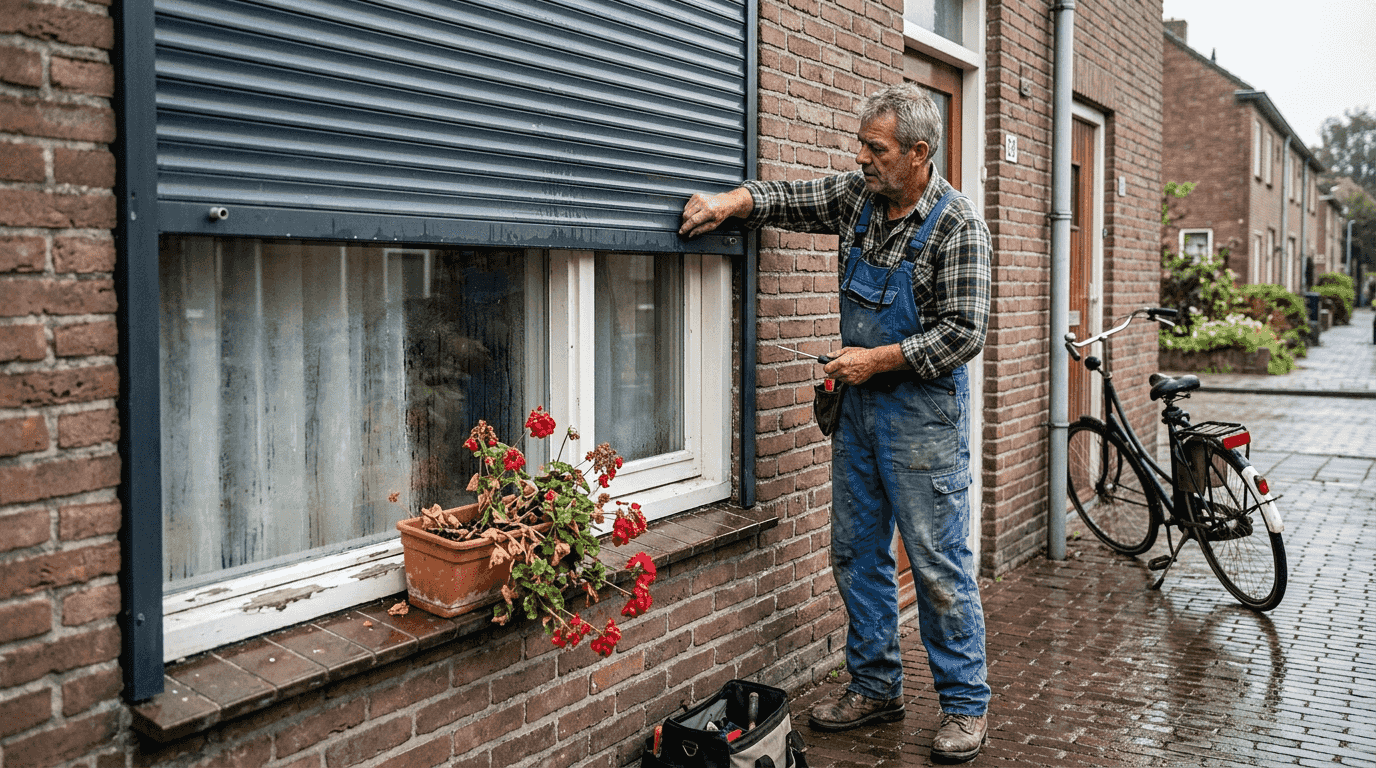 Een handige klusjesman controleert de isolatie van de rolluiken aan de buitenkant van het huis.