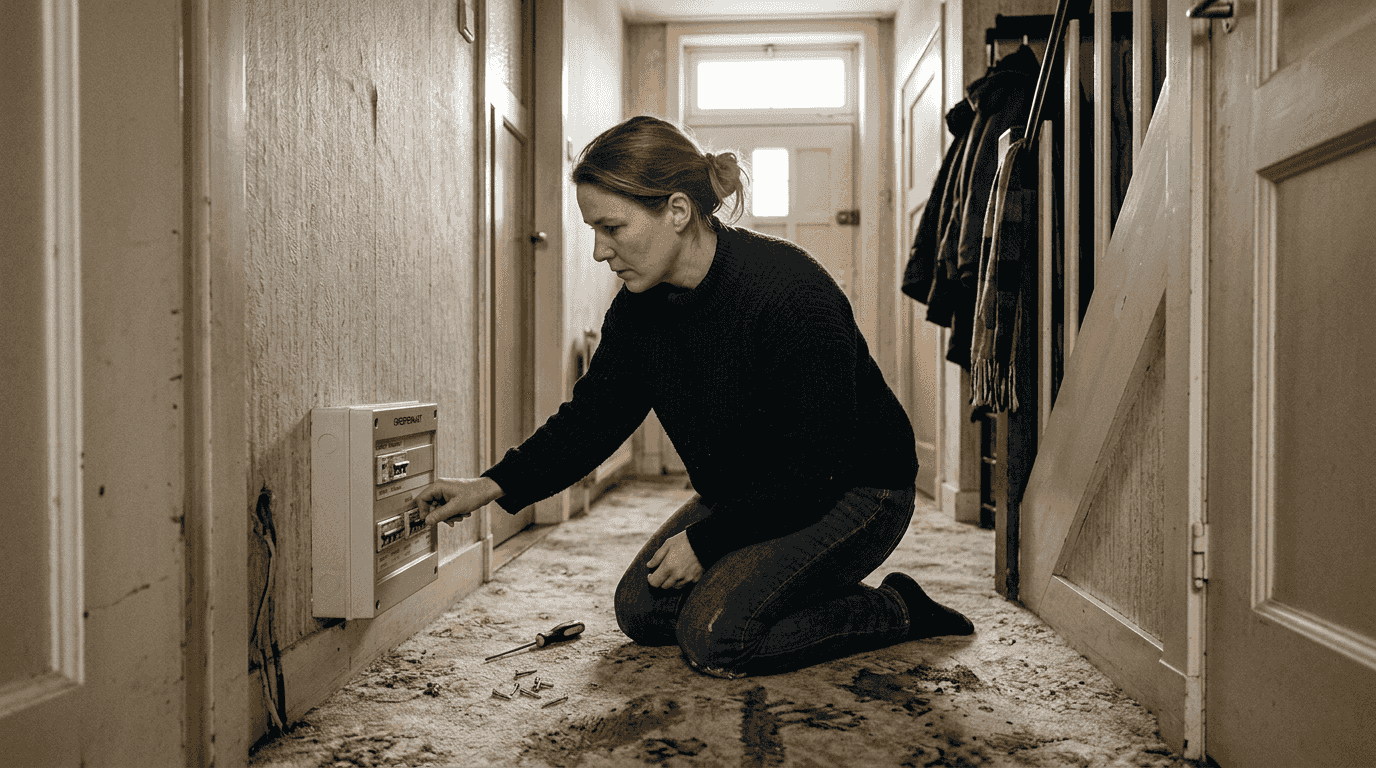 Vrouw zet stroom uit om veilig rolluik te kunnen repareren