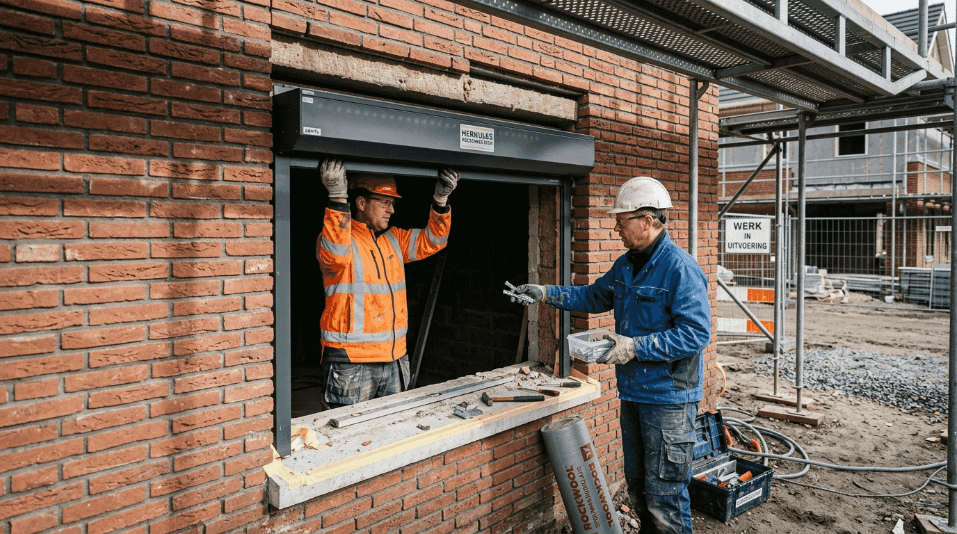 Vakmensen monteren een inbouwrolluik netjes in de muur.