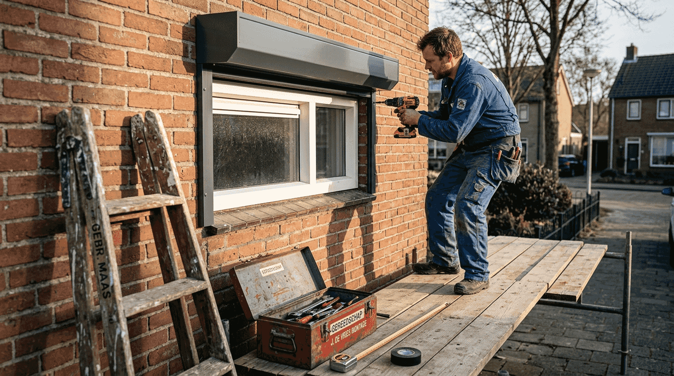 Een vakman monteert een rolluik aan de buitengevel.