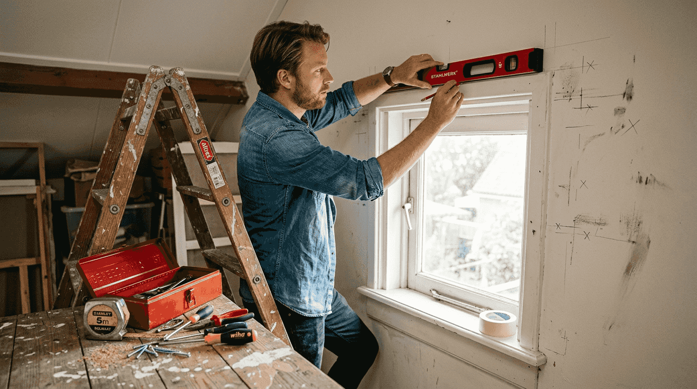 Een man hangt gordijnsteunen op en zorgt met een waterpas dat alles netjes recht zit.