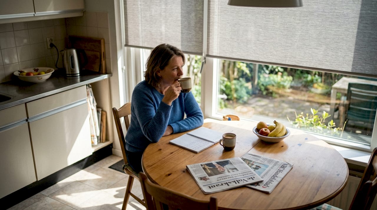 Thuis geniet een vrouw van het comfortabele gemak van haar zonwering.