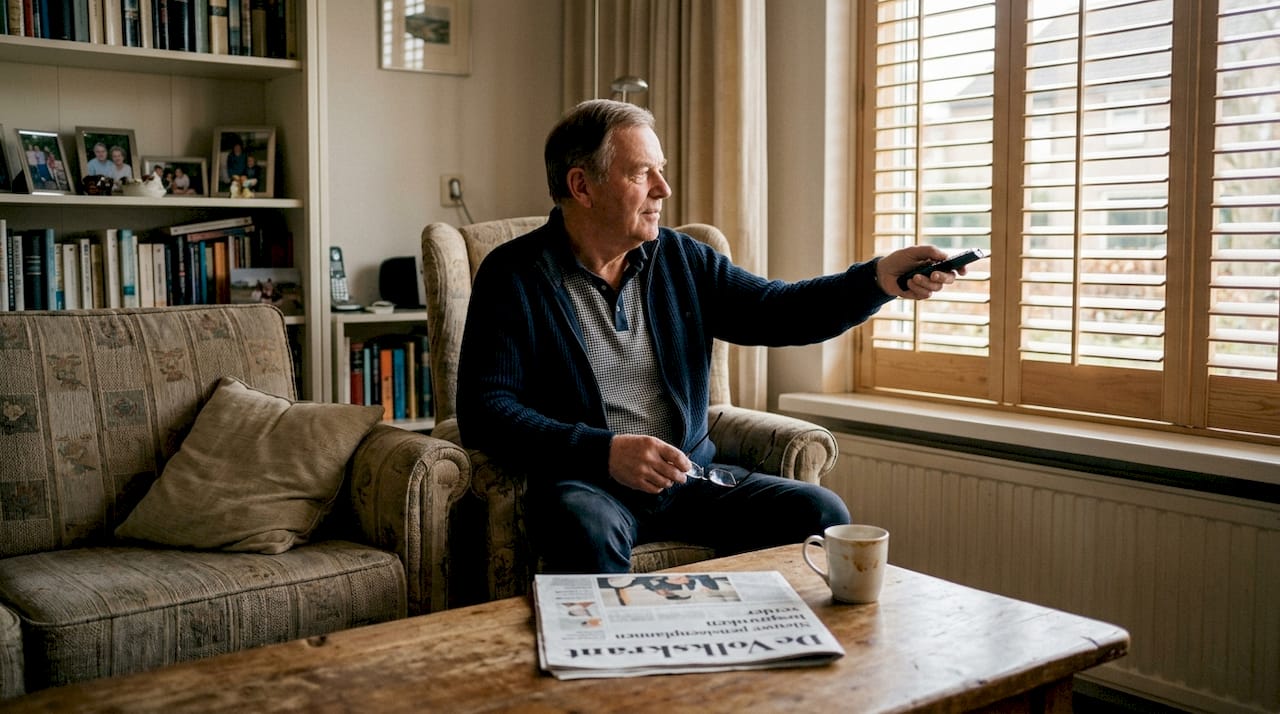 Een oudere bedient de rolluiken met een afstandsbediening.