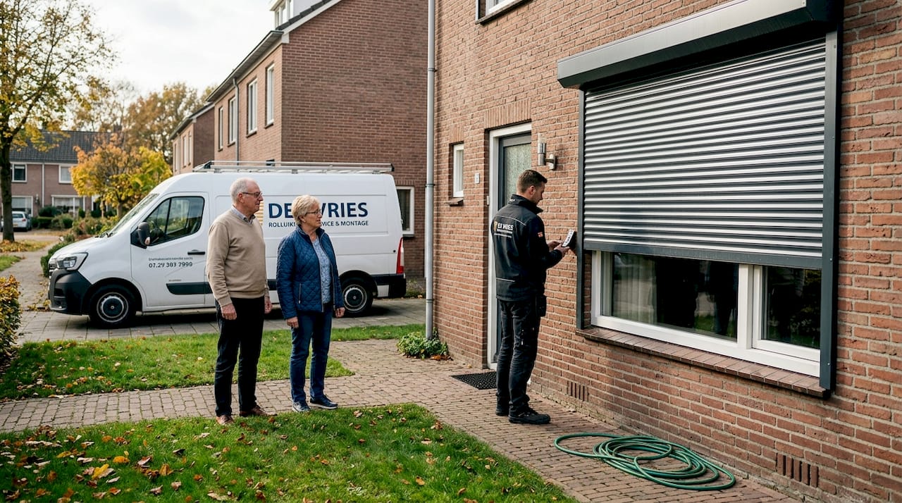 Een vakman plaatst rolluiken om energie te besparen.