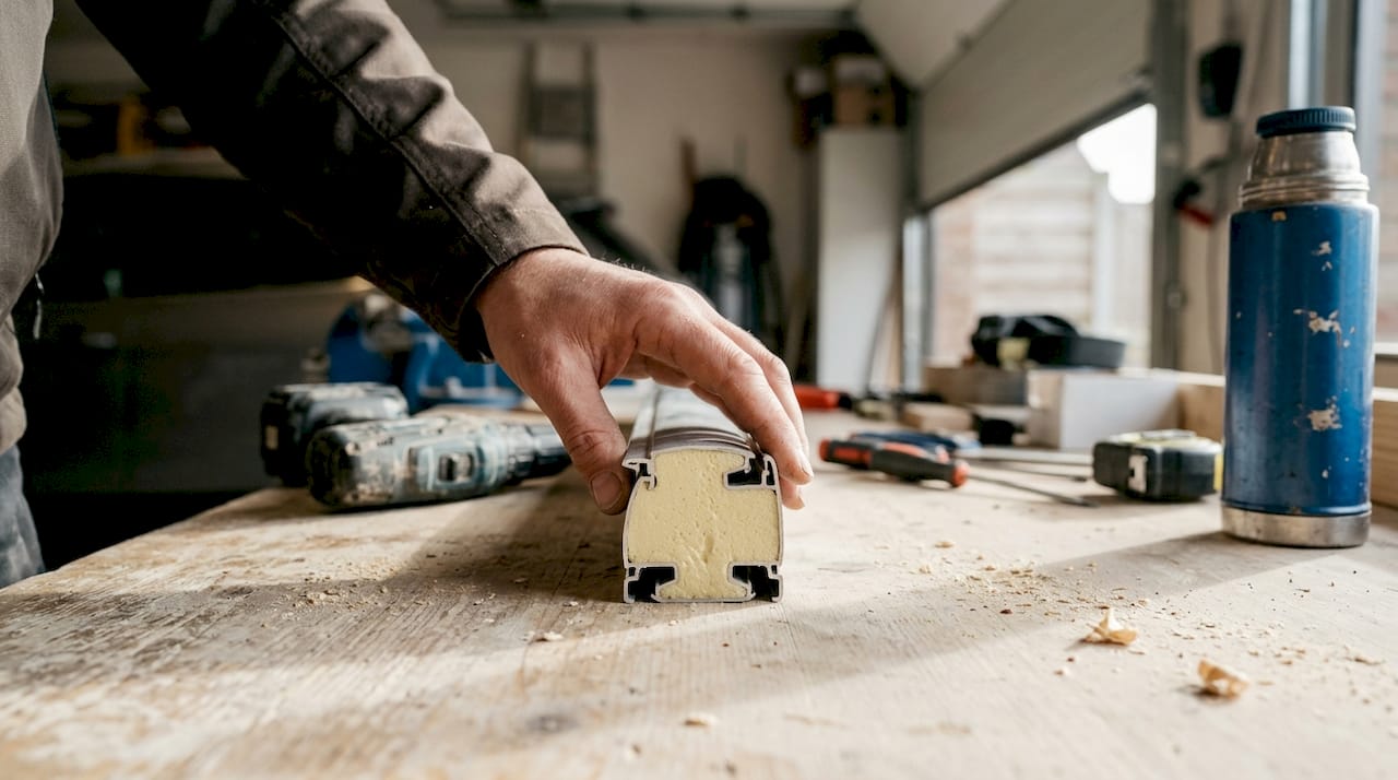 Detailopname van een rolluik met hoogwaardige PUR-schuimisolatie