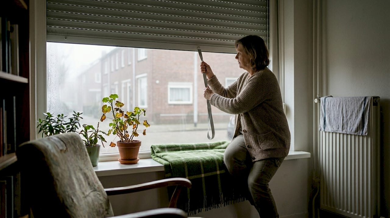 Om het ’s winters lekker warm te houden, doet een vrouw het rolluik dicht voor extra isolatie.