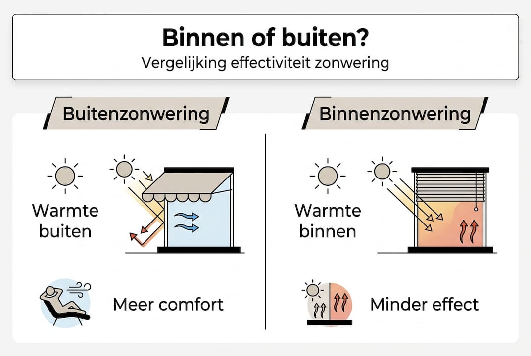 Infographic: het verschil tussen zonwering aan de binnenkant en buitenkant