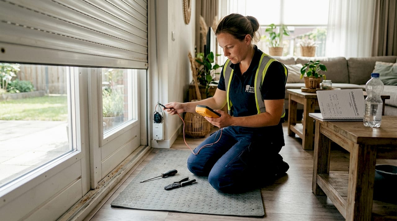 Monteur bekijkt kapot rolluik binnen