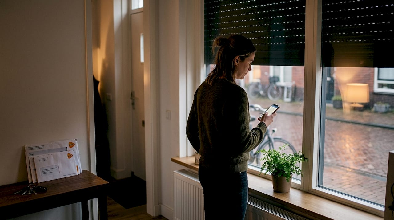 Bewoner controleert het rolluiken voor extra veiligheid en privacy.