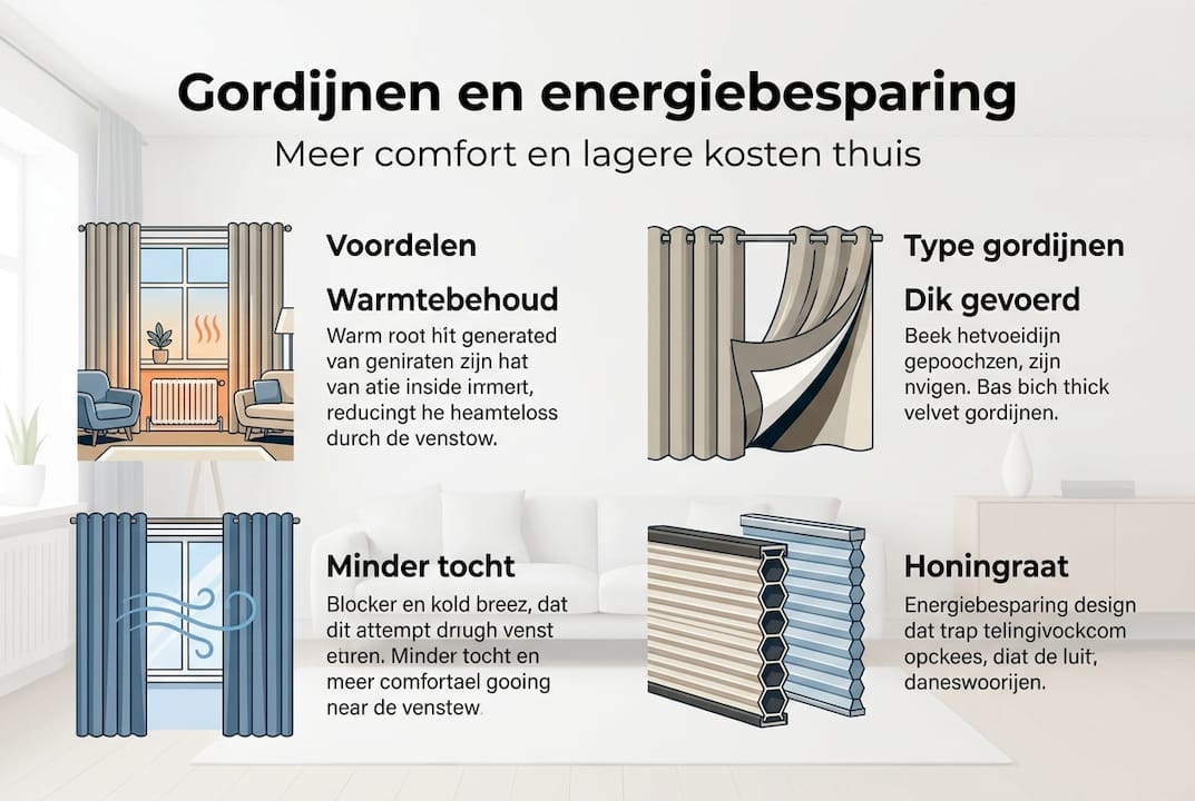 Infographic: de voordelen en verschillende soorten isolerende gordijnen op een rij
