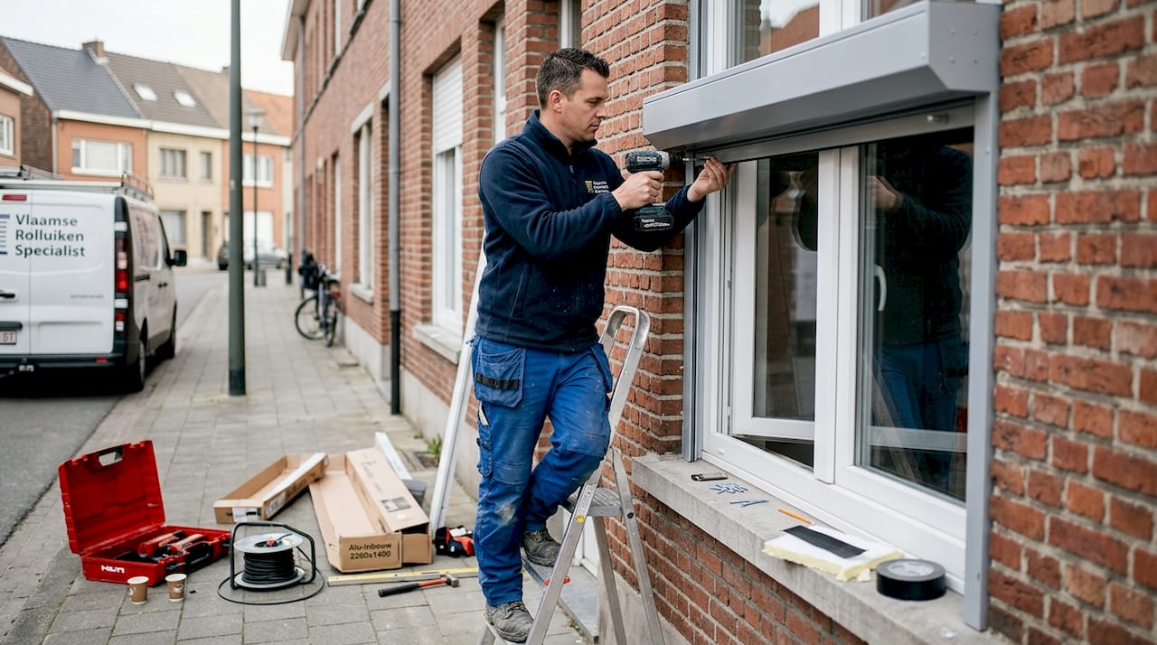 Een vakman monteert een inbraak werend inbouwrolluik aan de buitenmuur.