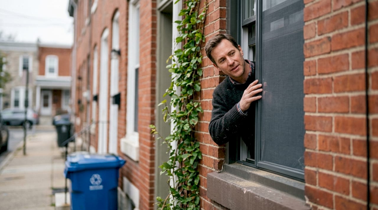 Een man bekijkt aandachtig het zip screen bij het raam van zijn rijtjeshuis.
