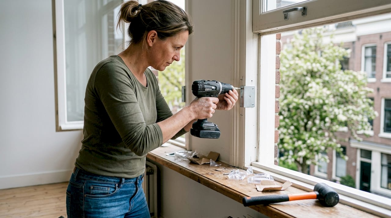 Een vrouw monteert een beugel op het kozijn voor zonwering 