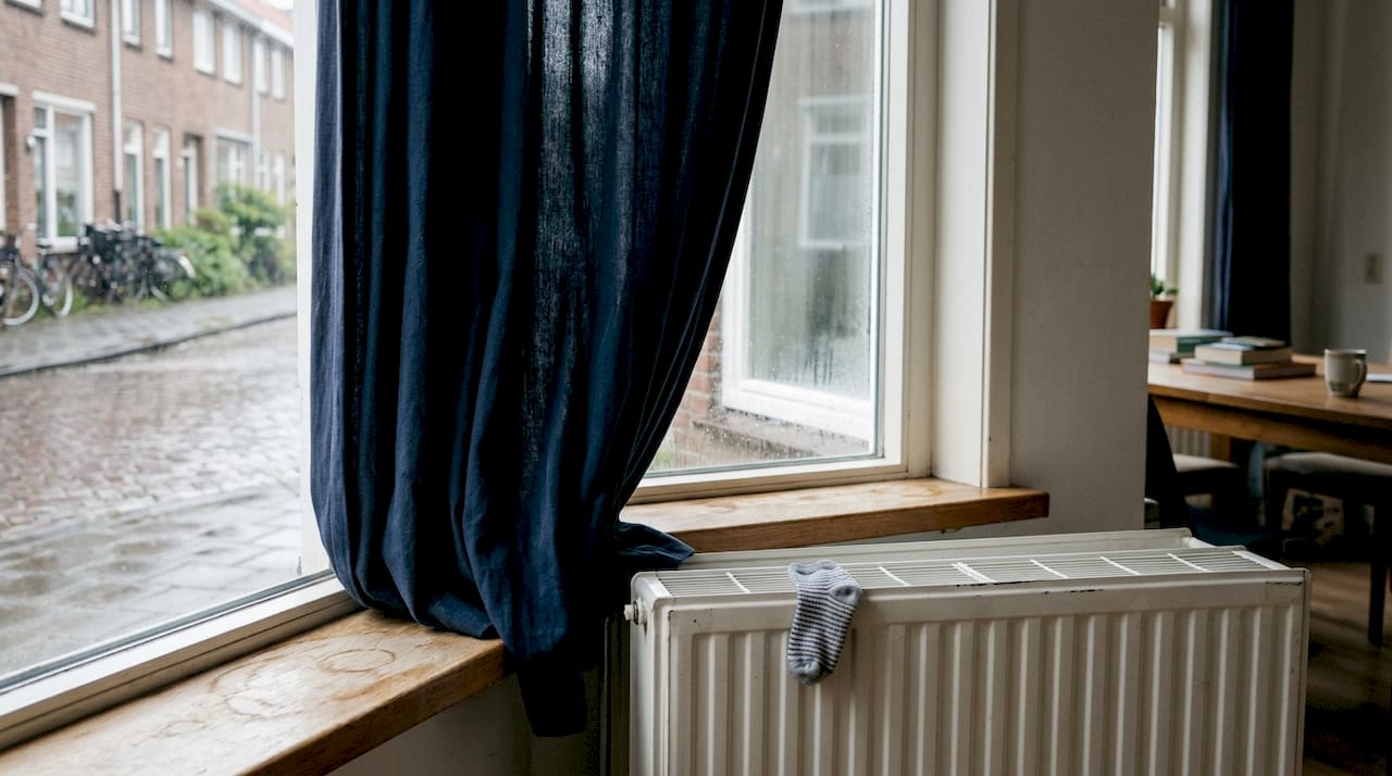 Detailopname van een gevoerd gordijn voor het raam, met daaronder een radiator.