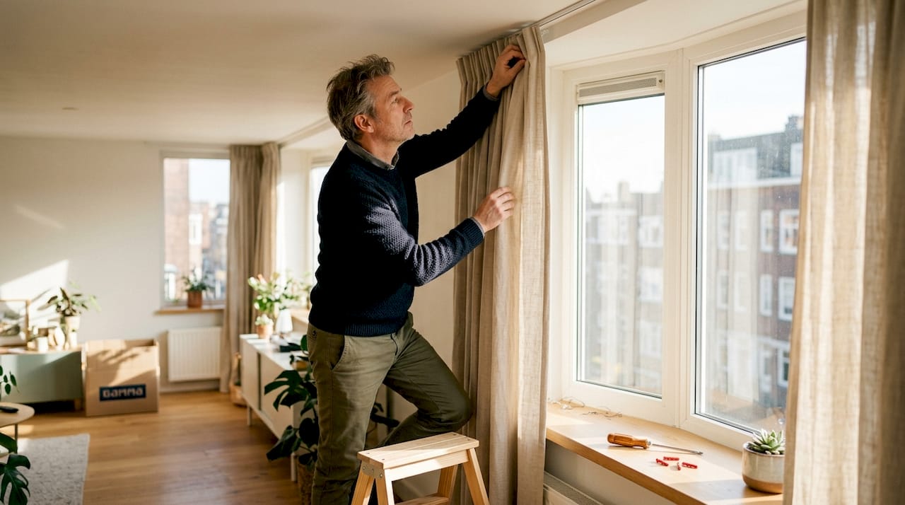 Man bekijkt of het pas opgehangen Gordijnen goed hangt