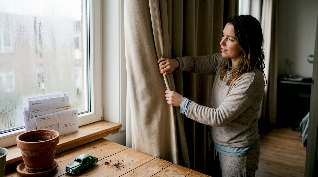 Om de kou buiten te houden, trekt een vrouw de gordijnen dicht bij het raam. comfort isolatie