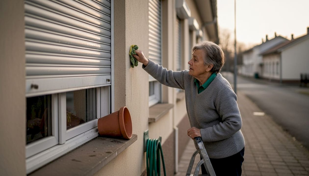 Een vrouw maakt het rolluik schoon bij haar tussenwoning. Buitenzonwering 