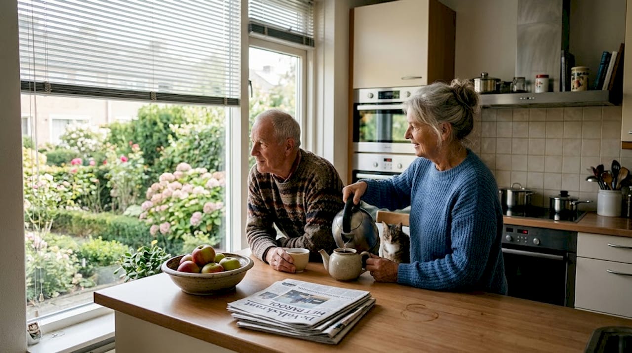 Een ouder echtpaar heeft zonwering aan de buitenkant van hun keuken geplaatst. energiebesparing