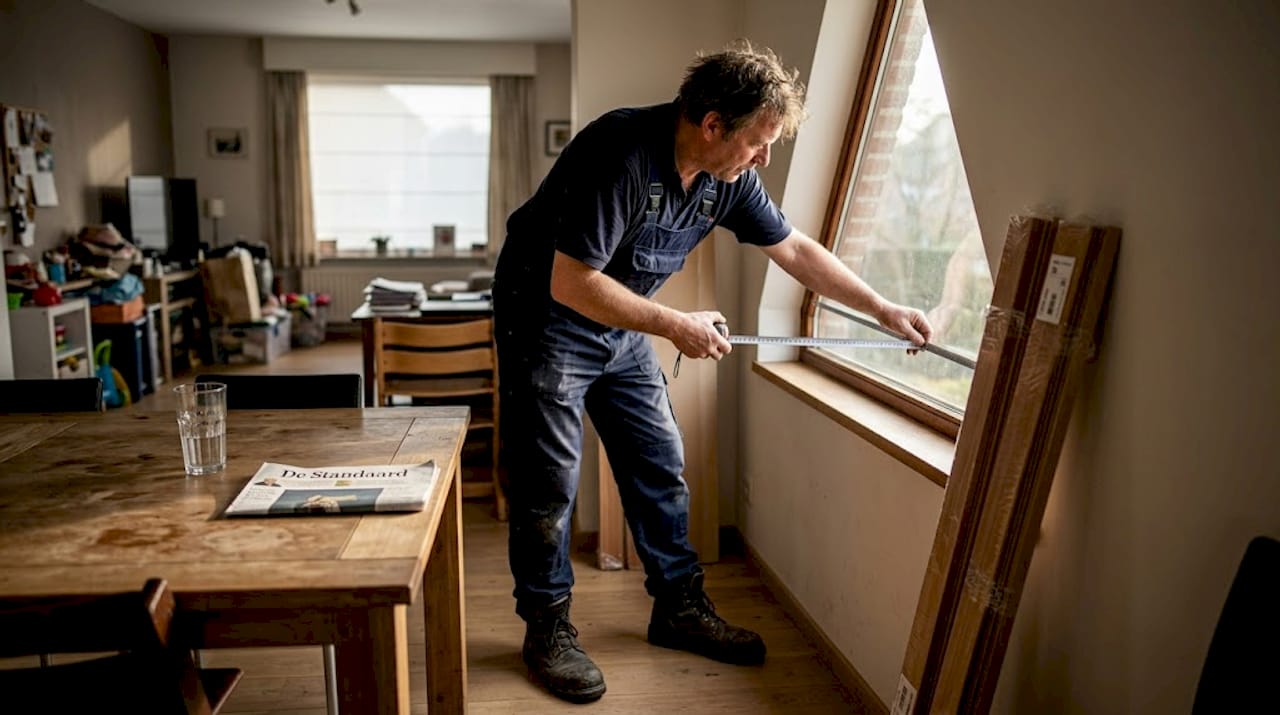Een monteur komt de ramen inmeten voor duurzame jaloezieën.