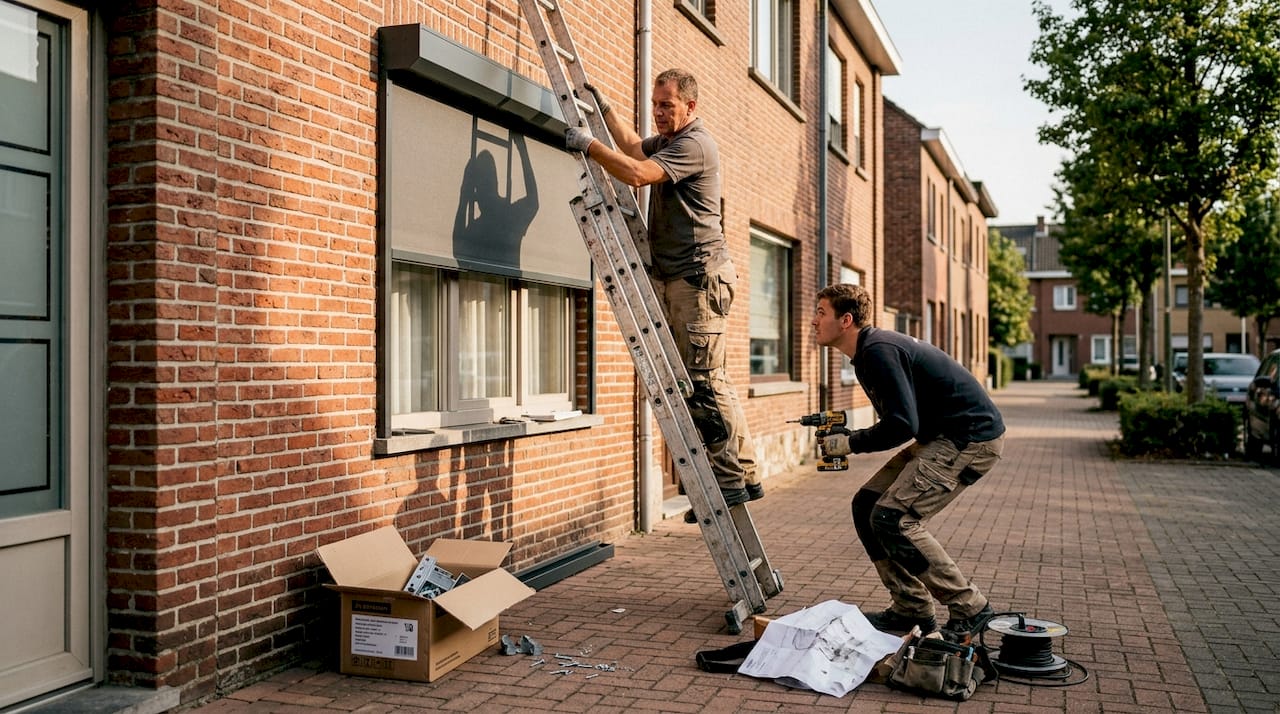 Vakmensen monteren slimme zonwering aan de buitenkant van het gebouw