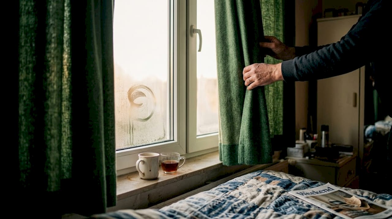 De thermische gordijnen in de slaapkamer dichtdoen