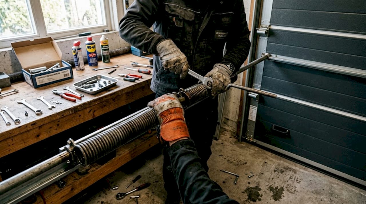 Handen die het mechanisme van de garagedeur afstellen
