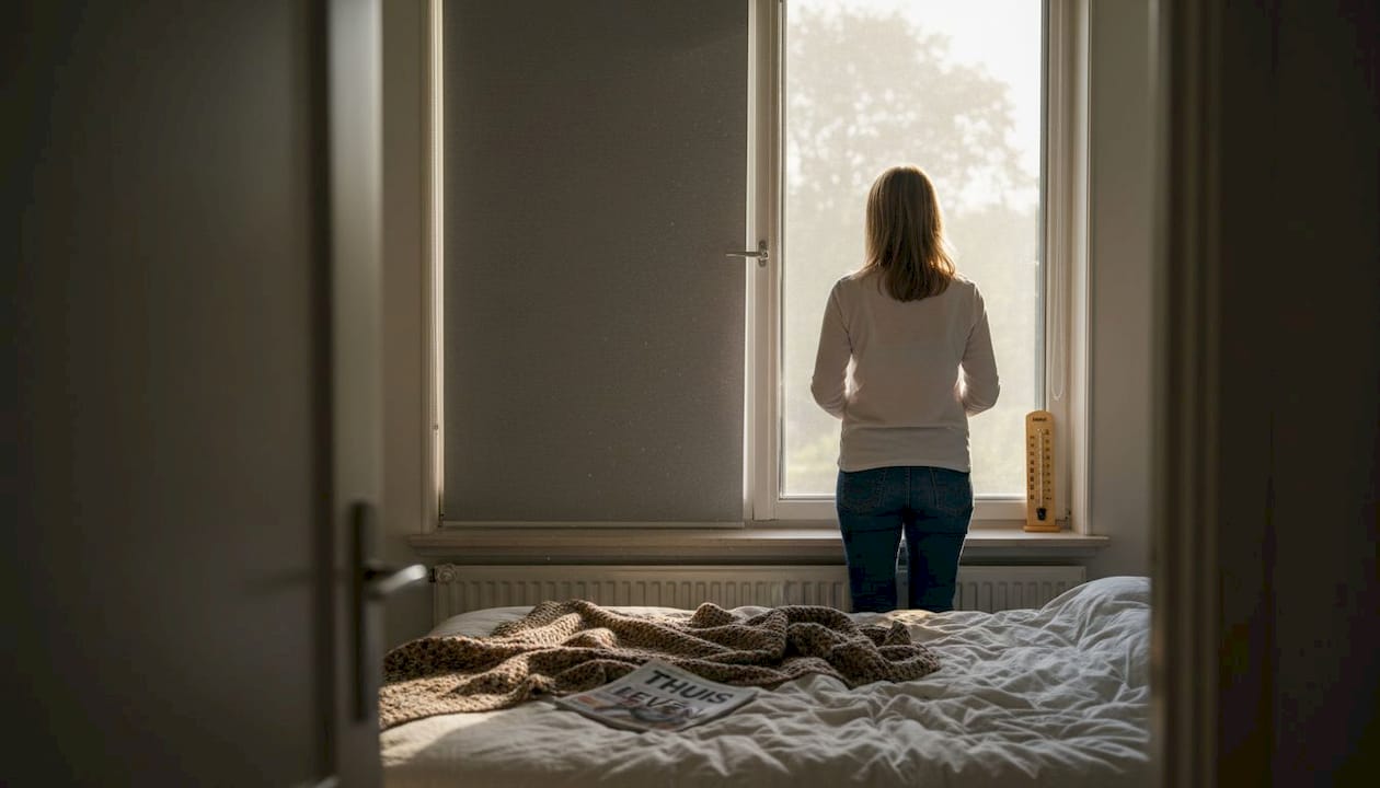 Vrouw twijfelt tussen rolluik of screen voor haar raam - energie-efficiënte raamdecoratie keuze