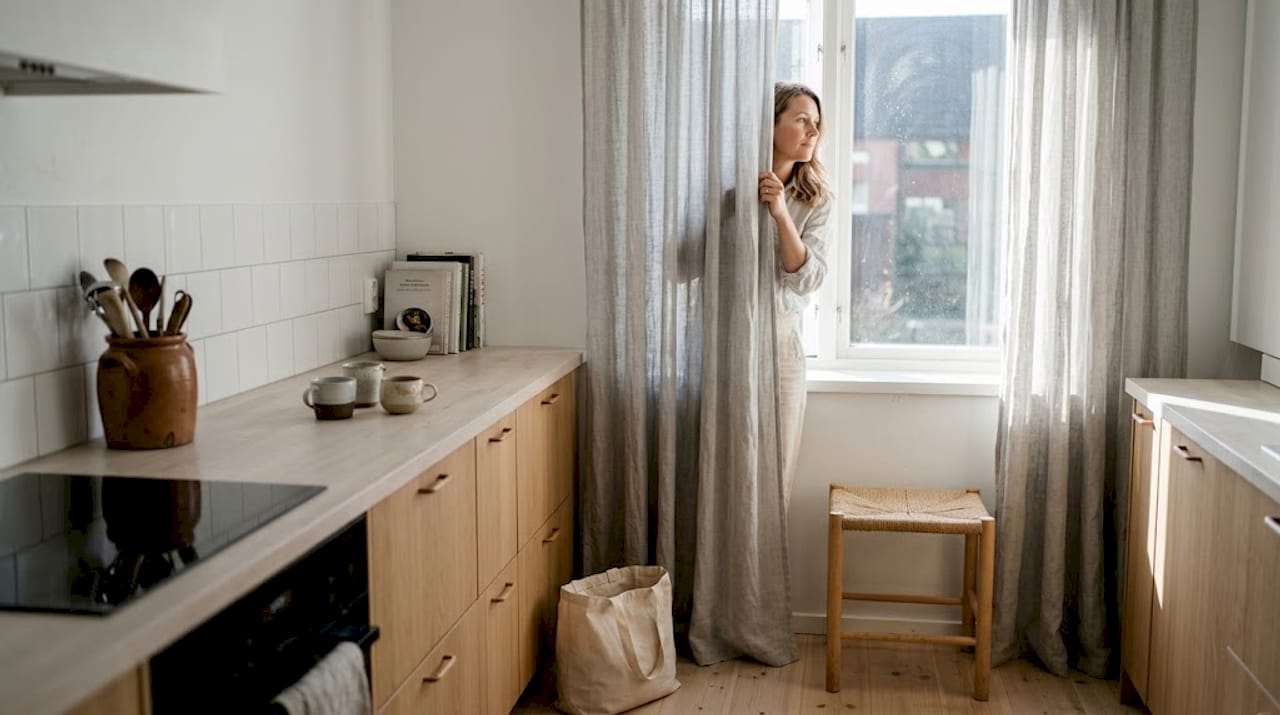 Vrouw schikt linnen gordijnen in keuken — RDT Concept West-Vlaanderen