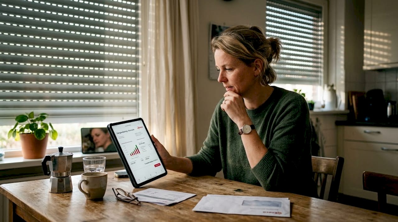 Vrouw bekijkt haar energierekening terwijl de rolluiken dicht zijn — RDT Concept