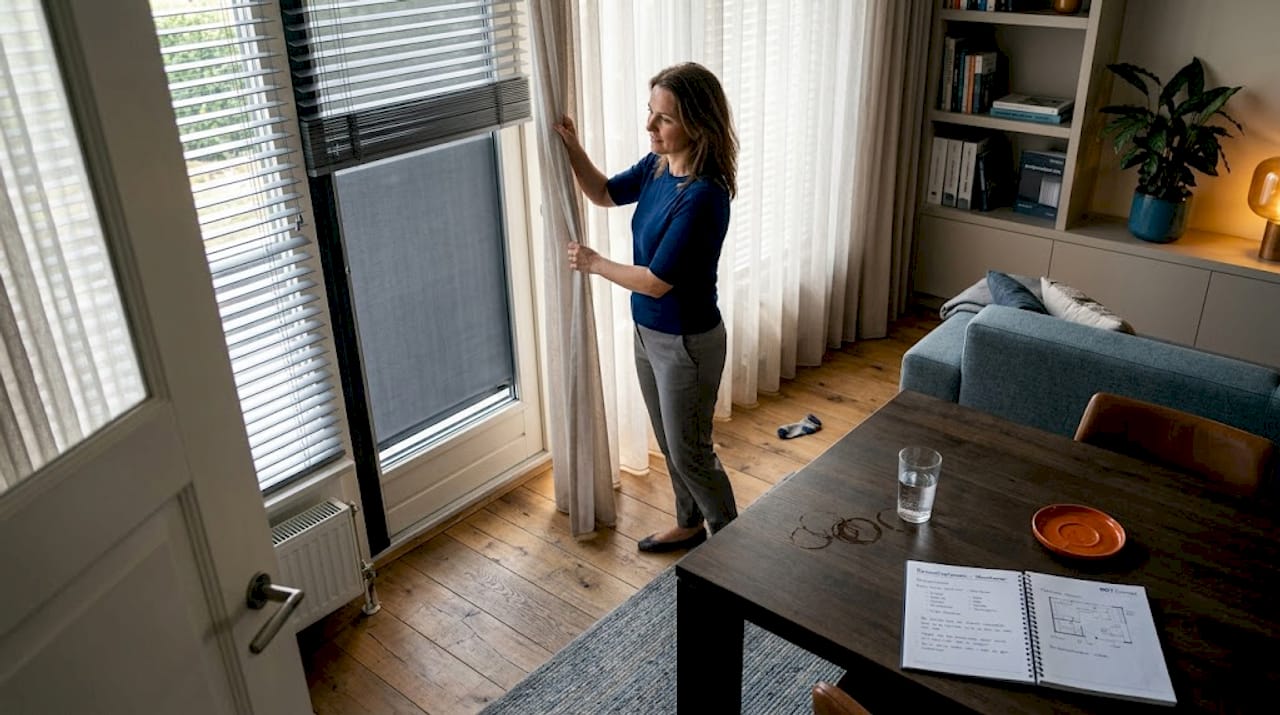 Een vrouw doet de gordijnen dicht en laat de zonwering zakken.